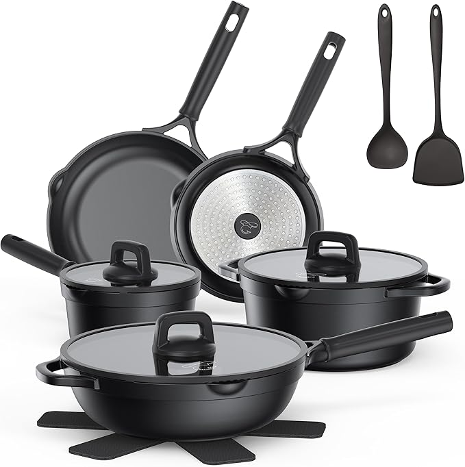 Nonstick pots and pans set 14 Pcs Induction Cooking Set with Pour Spouts and Oven Safe for Casserole PFOA FREE Classic BlackCompatible with All CooktopsHeat-resistant and comfortable handle