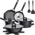 Nonstick pots and pans set 14 Pcs Induction Cooking Set with Pour Spouts and Oven Safe for Casserole PFOA FREE Classic BlackCompatible with All CooktopsHeat-resistant and comfortable handle