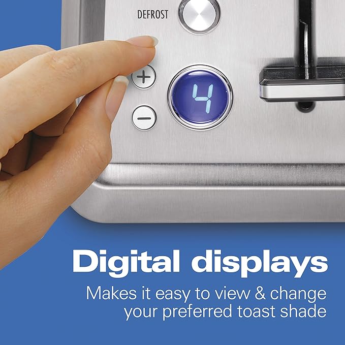 Hamilton Beach 4 Slice Toaster with Extra-Wide Slots Bagel Setting Toast Boost Slide-Out Crumb Tray Auto-Shutoff &amp Cancel Button Digital with Defrost Function Stainless Steel (24796)
