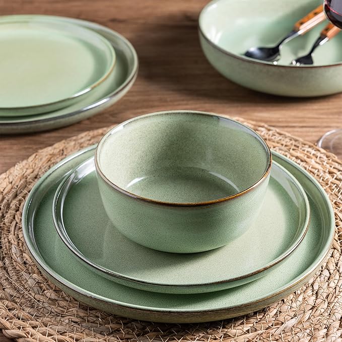 GBHOME Ceramic Dinnerware Sets for 6 18 Pieces Stoneware Plates and Bowls Sets Scratch Resistant Dishes Dishwasher &amp Microwave Safe-Pastel Green