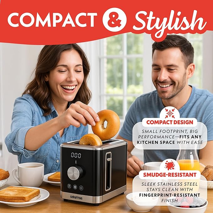 Gourmia 2 Slice Toaster – 6 Browning Levels with Bagel and Defrost Mode One-Touch Toasting Removable Crumb Tray Extra Wide Slots Compact Design Black