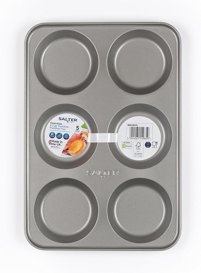 Salter Essentials Yorkshire Pudding Tray – Non-Stick Coating Rectangular Muffin Tray Dishwasher Safe Easy to Clean Made in The UK Durable Cupcake Tray Lightweight PFOA-Free BW13670