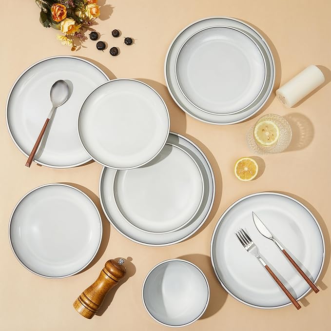 18 Piece White Stoneware Dinnerware Set for 6 Santorini Mist Terracotta Plates and Bowls with Reactive Glaze Microwave &amp Dishwasher Safe Aesthetic Ceramic Dishes for Family Meals &amp Hosting