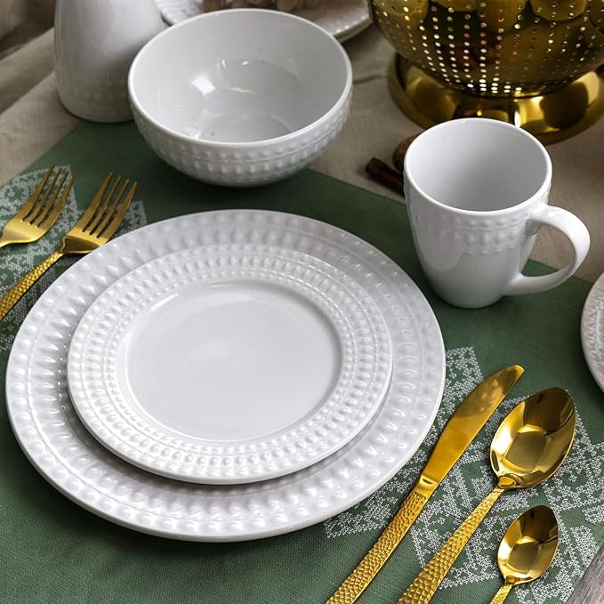 16-Piece Porcelain and Stoneware Dinnerware Set – White or Blue Round Plates and Bowls with Embossed Pattern Microwave &amp Dishwasher Safe Tableware for 4 (White)