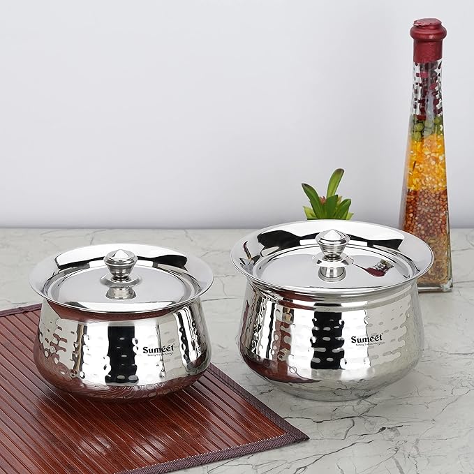 Sumeet Stainless Steel Handcrafted Hammered Texture Handi Set with Lid for Kitchen Set of 2 1300ml &amp 1700ml Silver
