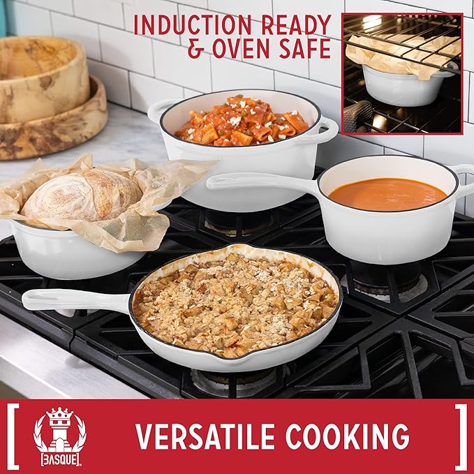 Basque Enameled Cast Iron Cookware Set (Blanc White) 7-Piece Set Nonstick Oversized Handles Oven Safe 10.25 Skillet 2QT Saucepan 2.25QT Small Dutch Oven 4.75QT Large Dutch Oven