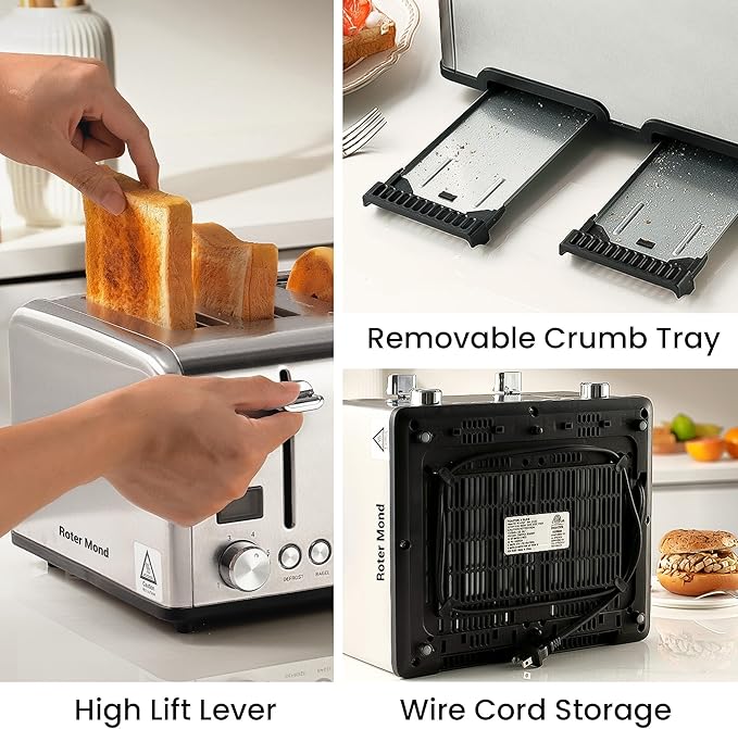 Roter Mond Countdown Stainless Steel 4 Slice Toaster with Bagel Defrost Cancel Function Dual Toaster Extra Wide Slots 6 Shade Settings Removable Crumb Trays 1650W