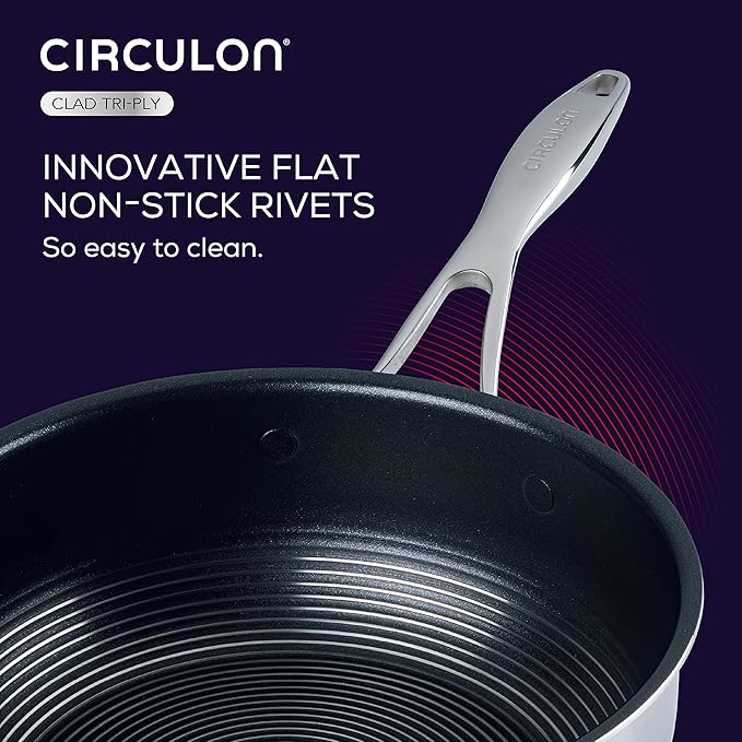 Circulon Clad Stainless Steel Saute Pan with Lid and Hybrid SteelShield and Nonstick Technology 5 Quart - Silver