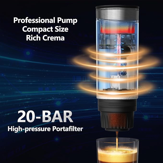 Portable Electric Espresso Machine Self-Heating Travel Coffee Maker with USB-C Compatible with Ground Coffee &amp NS Capsules Ideal for Camping Car RV Hiking &amp Office (Black)