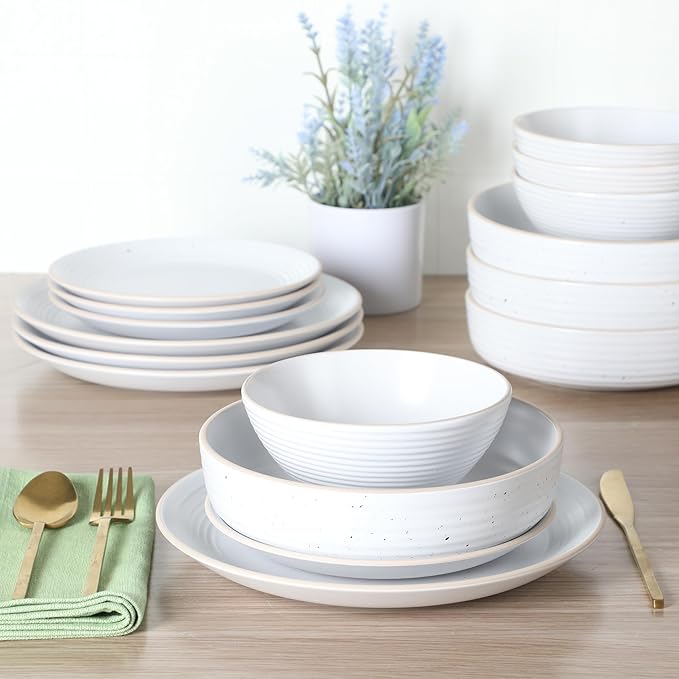 Gibson Home Dinah 16-Piece Matte White Stoneware Dinnerware Set – Double Bowl Embossed Speckled Design Durable Kitchen Dinnerware
