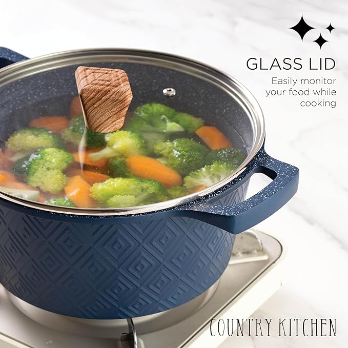 Country Kitchen Non-Stick Cast Aluminum Cookware Set - Durable Kitchen Cookware for Everyday Cooking Navy 11 Pc.