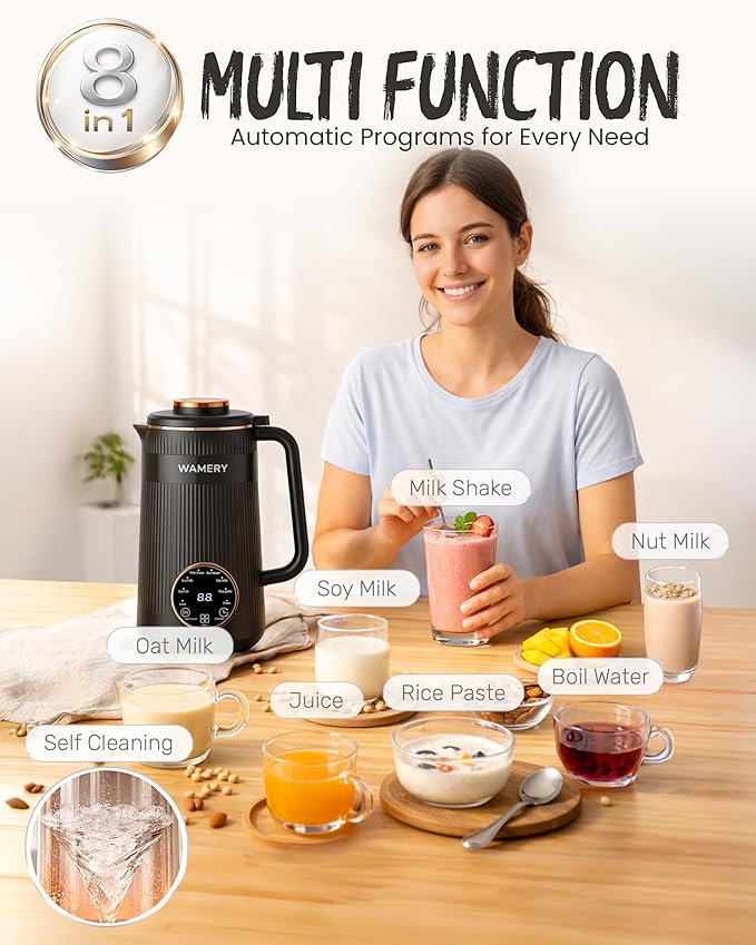 Wamery 32oz Nut Milk Machine (Black) - Soy Milk Maker for Almond &amp Oat Blender Automatic Heated Programs Self‑Cleaning Delay Start Keep Warm &amp Boil Water 1‑Liter Capacity with Starter Ki