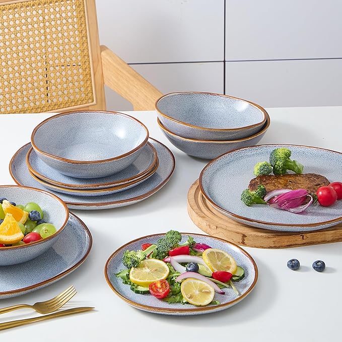 Bestone 12 Pieces Round Kitchen Dinnerware SetsPlates and Bowls SetsDishes Plates Bowls Dish Set Chip Resistant Ceramic Dinnerware Set Dishwasher/Microwave SafeService for 4Reactive Blue
