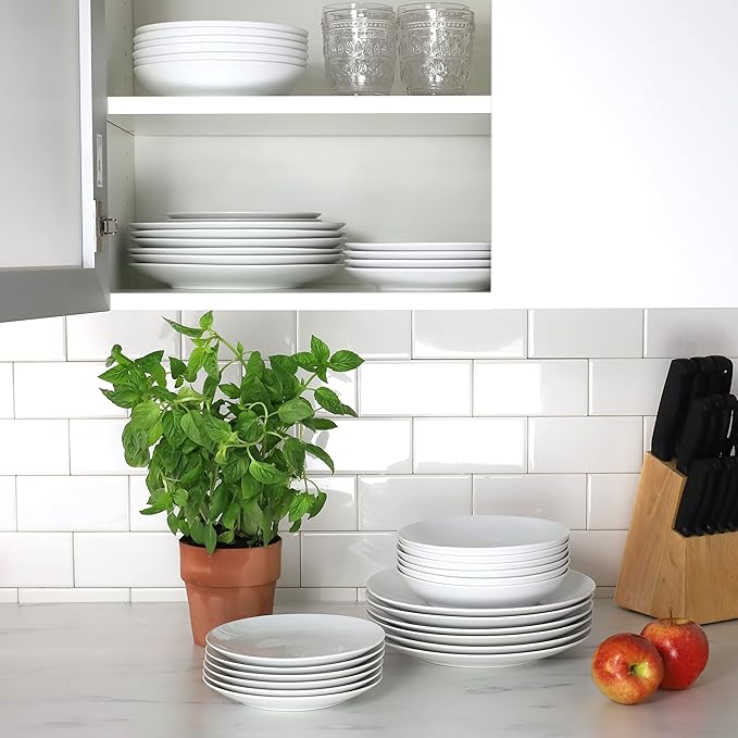 Euro Ceramica Bianco Collection 18 Piece Dinnerware Set - Multipurpose Functional Essential White Dinnerware Set Service for 6 (White Dinner Plates Salad Plates Bowls) Standard (BNC-86-18000)