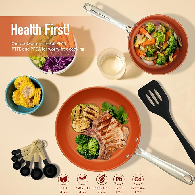 24 Pcs Pots and Pans Set Nonstick Ceramic Cookware Sets Kitchen Cookware Sets without PFAS PTFE or PFOA Compatible with All Stovetops Oven SafeCopper