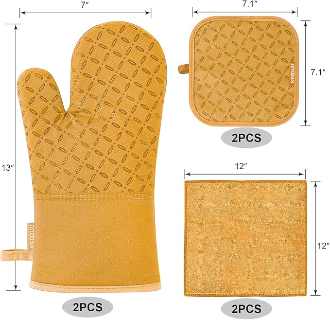 KEGOUU Oven Mitts and Pot Holders 6pcs Set Kitchen Oven Glove High Heat Resistant 500 Degree Extra Long Oven Mitts and Potholder with Non-Slip Silicone Surface for Cooking （Orange）