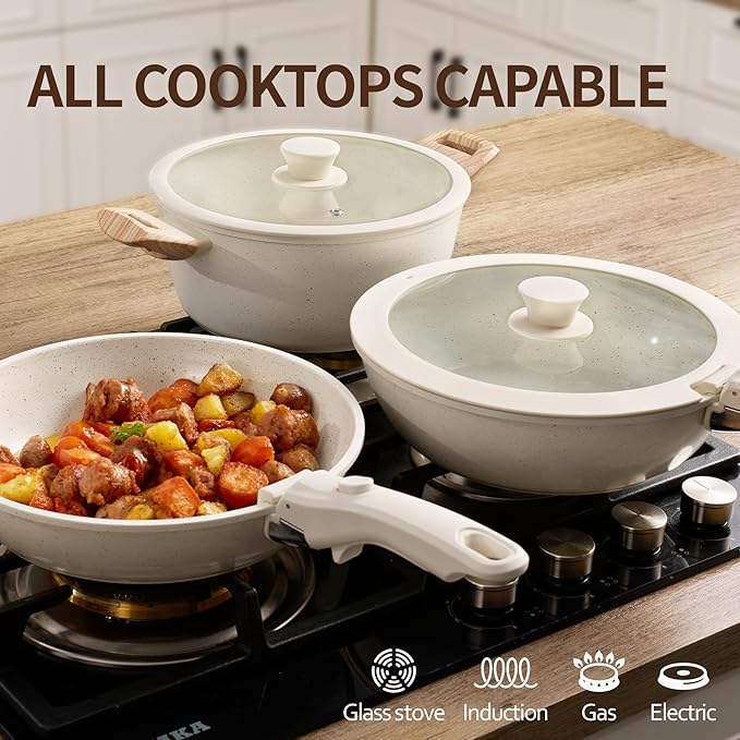 23PCS Ceramic Pots and Pans SetNonstick Removable Handle Pots and Pans Set Stackable Pan Set Ceramic Nonstick Pan Non Stick for Easy Cooking