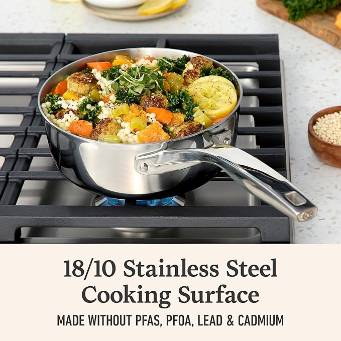 Calphalon Premier Polished 5-Ply Stainless Steel Cookware w/Turbo Heat Tech 2.5Qt Chef's Pan with Lid Induction Oven Safe 500F PFOA Free Polished Stainless Silver