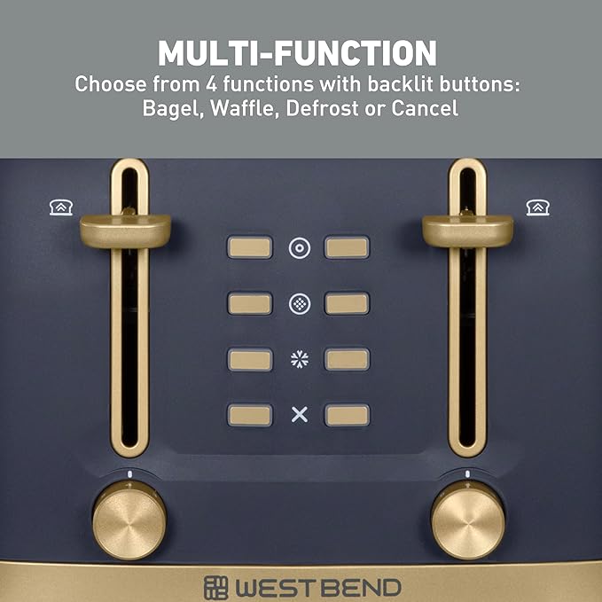 West Bend Timeless 4-Slice Toaster with 7 Browning Levels Bagel/Waffle/Defrost Settings High-Lift Lever Anti-Jam Easy-Clean Crumb Tray 4-Slice Blue/Gold