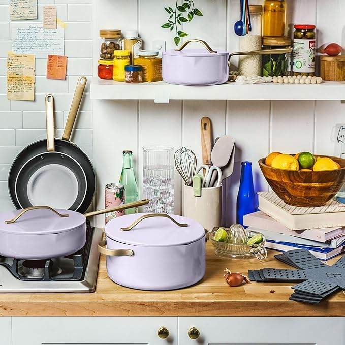 12-Piece Ceramic Non-Stick Cookware Set | Pots &amp Pans with Lids | PFOA-Free Ceramic Coating | Induction Compatible &amp Oven Safe | Gold Handles | Includes Protectors