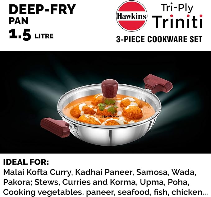 Hawkins Triniti 3 Pieces Triply Stainless Steel Cookware Set 2 - Frying Pan Tava Deep-Fry Pan with Glass Lid Silver (SSET2)