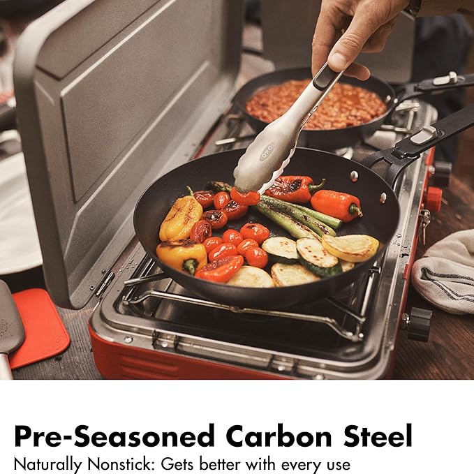 OXO Outdoor 8 Piece Camping Cookware Set 10 Pre-Seasoned Carbon Steel Frying Pan Skillet 2.25QT and 5QT Stainless Steel Saucepans with Lids Removeable Handle Trivet Travel Bag Space-Saving