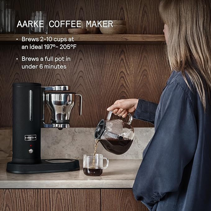 aarke Coffee Maker - Electric Drip Brewer with Automatic Drip-Stop Glass Carafe Brews Full Pot in Under 6 Minutes SCA certified Matte Black