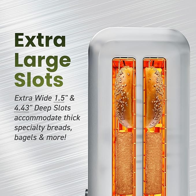 Elite Gourmet ECT3401 Long Slot 4 Slice Toaster 1.5” Slot Width 6 Toast Shade Settings Reheat Defrost &amp Cancel Functions Extra Large Slots for Bagels Waffles Artisan Breads Stainless Steel
