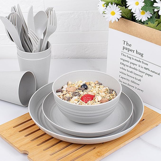EI 42pcs Wheat Straw Dinnerware SetUnbreakable Reusable Plastic PlatesBig Bowls and Pltes for KitchenGrey Plates and Bowls Setsfor Family DinnerCampingPicninc