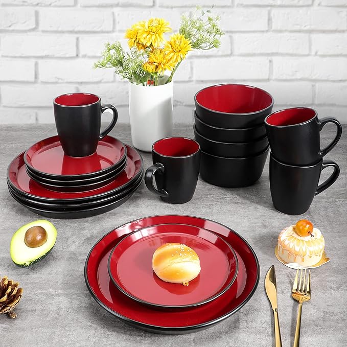 Plates and Bowls Sets 16 Pieces Dinnerware Sets Dishes Set for 4 Christmas Kitchen Set is Home Essentials Black &amp Red
