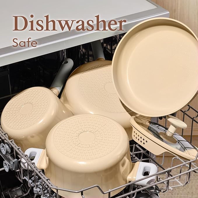 CAROTE Pots and Pans Set Nonstick Ceramic Cookware Set Yellow Cooking Set Kitchen Induction Set with Steamer PFAS PTFE Free9 Piece