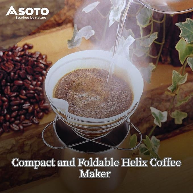SOTO Compact Helix Coffee Maker - Portable Stainless Steel Pour Over Coffee Dripper for Travel Camping Bikepacking and Home - Lightweight Foldable and Eco-Friendly Design