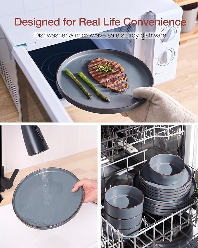 Famiware Nebula Ridge Stoneware Dinnerware Sets for 8 24 Pieces Plates and Bowls Sets Dishes Set Microwave and Dishwasher Safe Kitchen Plates Charcoal