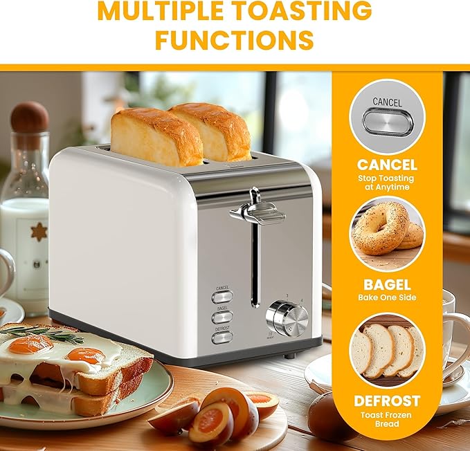Simple Deluxe 2-Slice Toaster 6 Browning Setting and 3 Function Stainless Steel Toaster Extra Wide Slot &amp Removable Crumb Tray for Bread &amp Waffle White