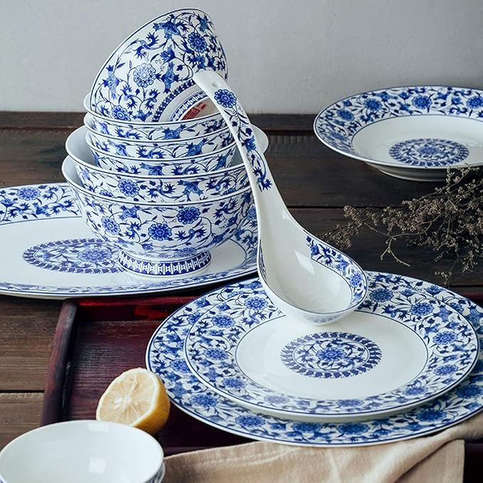 Dinnerware Set Plates and Bowls Sets 26 Pieces Blue And White Porcelain Dinnerware Set | Box Steak Plate Cereal Bowl And Soup Bowl For Wedding
