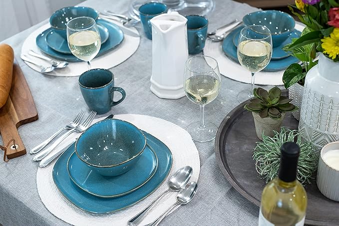 Elanze Designs 16-Piece Modern Luxury Chic Smooth Vintage Handmade Shape High Gloss Ceramic Stoneware Square Plate Mug &amp Bowl Kitchen Dinnerware 16 Piece Set - Service for 4 Turquoise