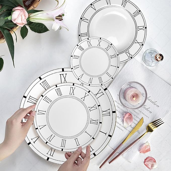 12 Piece Roman Clock Pattern Porcelain Dinnerware Set Luxury Dishes Set for 6 Dishwasher Safe Great for Party Wedding Housewarming and Hotel