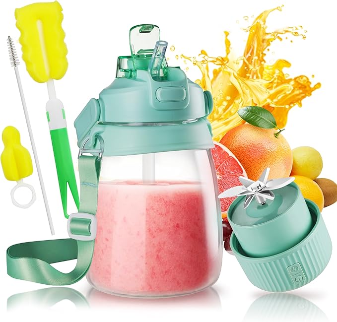 1100ml Portable Juicer with 10-Blade Turbo Juicing USB-C Fast Charging 12+ Cups per Charge Juice Glass with Sip Lid &amp Carrying Strap for Travel &amp office &amp Gym. Not for Ice Crushing. (Gr