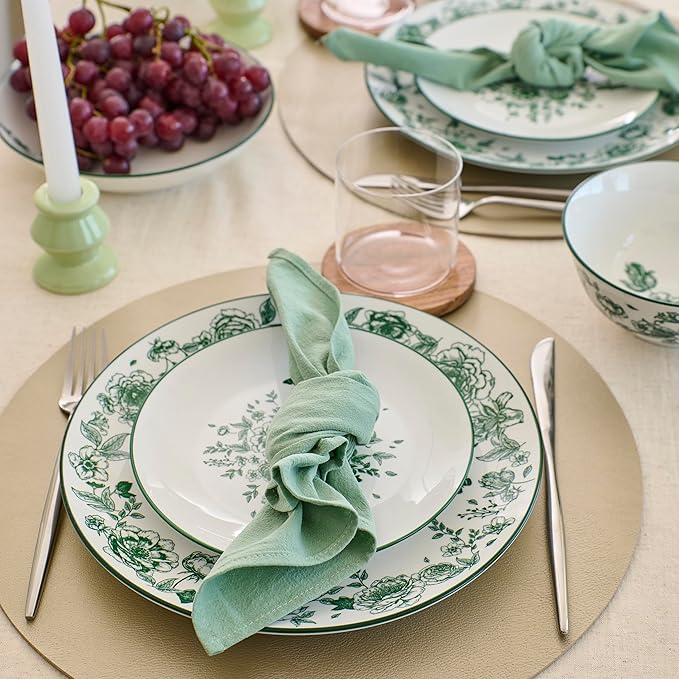Stone Lain Esme 12-Piece Dinnerware Set Porcelain Plates and Bowls Set Dish Set for 4 Microwave and Dishwasher Safe Green