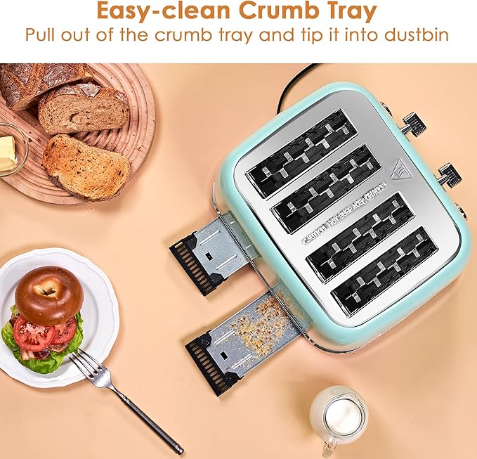 Roter Mond Toaster 4 Slice Retro Stainless Steel with Extra Wide Slots Bagel Defrost Reheat Function Dual Independent Control Panel Removable Crumb Tray 6 Browning Levels Aqua Green