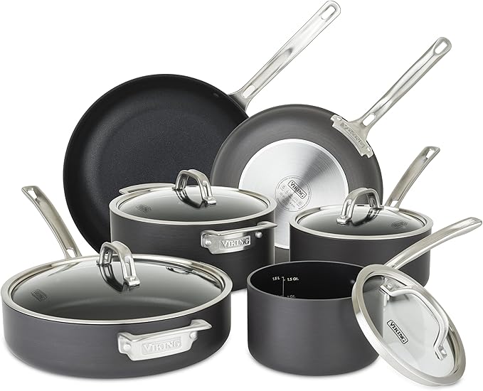 Viking 10 Piece Hard Anodized Nonstick Cookware Set with 17 Piece Cutlery Set with Light Walnut Color Block