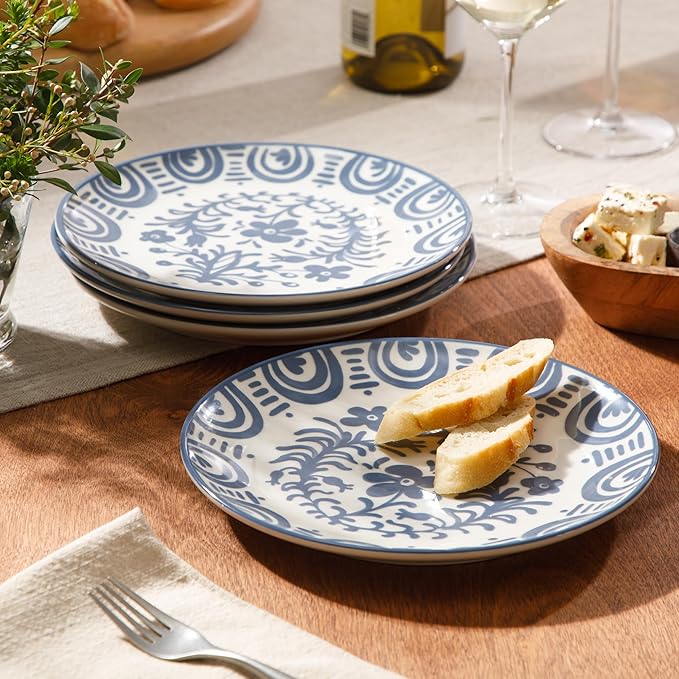 Bloomhouse - 2-Time Oprah’s Favorite Things - Valencia Flor 4 Piece Dessert &amp Salad Plate Set 8.75” Stoneware Plates Mediterranean Floral Decal Design Microwave &amp Dishwasher Safe Iris Blue