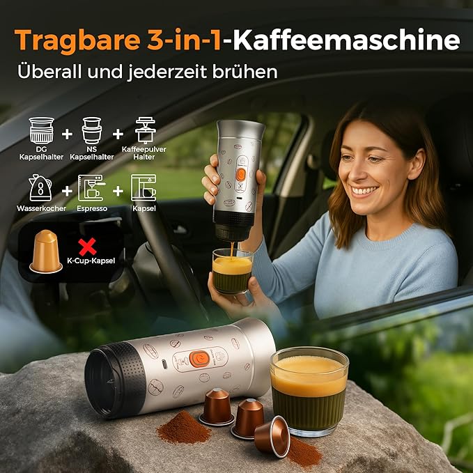 Portable Espresso Machine 3-in-1 Travel Coffee Maker with Self-Heating Battery Operated 20Bar Wireless Portable Espresso Maker Compatible with Ground Coffee &amp Capsule for Camping Car Office
