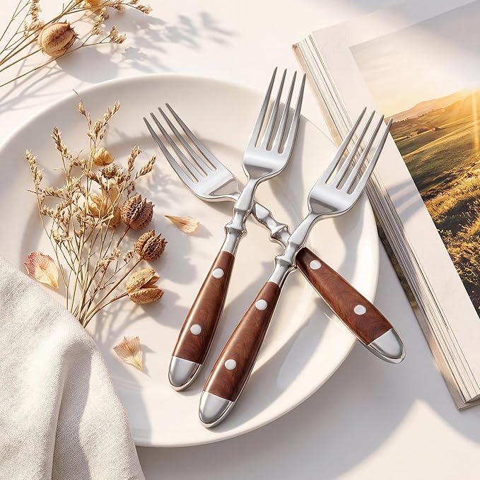 Dinner Forks 8-Pack Stainless Steel Dinner Forks 7.9 Inches with Wood Grain Bakelite Handle For Salad Noodle Dishwasher Safe