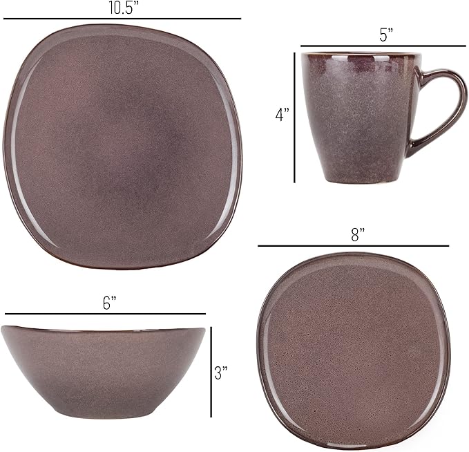 Elanze Designs 16-Piece Modern Luxury Chic Smooth Vintage Handmade Shape High Gloss Ceramic Stoneware Square Plate Mug &amp Bowl Kitchen Dinnerware 16 Piece Set - Service for 4 Plum Purple