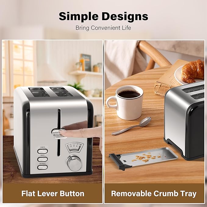 Simple Deluxe Stainless Steel Toaster 2 Slice with Extra Wide Slot &amp Removable Crumb Tray 5 Shade Options and Bagel/Defrost/Cancel Functions for Various Bread &amp Waffle Retro Black