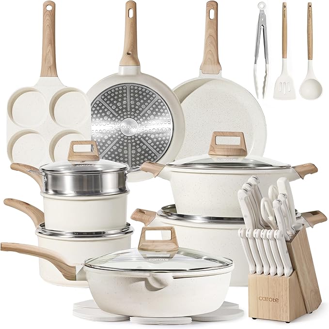 CAROTE ICE 35pcs Pots and Pans Set Nonstick Cookware Sets White Granite Induction Cookware with Kitchen Knife Set
