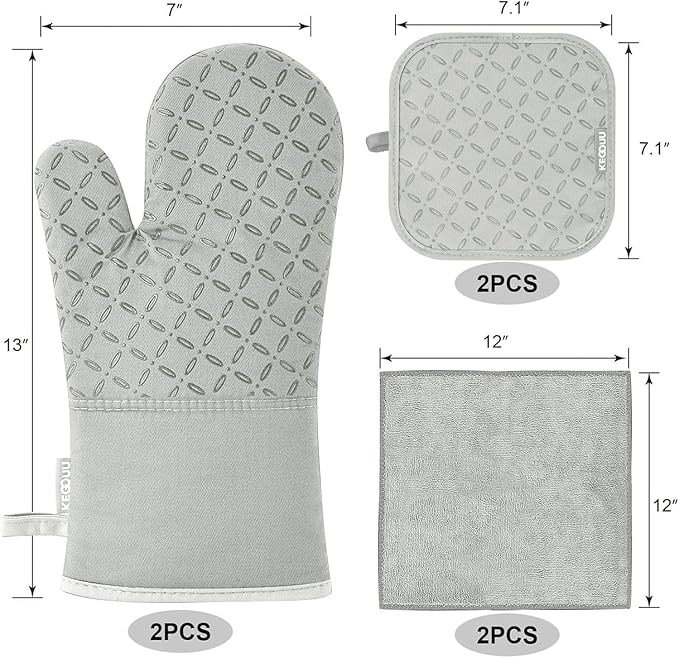KEGOUU Oven Mitts and Pot Holders 6pcs Set Kitchen Oven Glove High Heat Resistant 500 Degree Extra Long Oven Mitts and Potholder with Non-Slip Silicone Surface for Cooking （Greenish Gary）