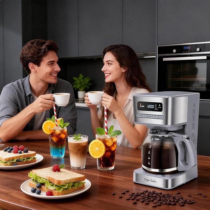Taylor Swoden Programmable Coffee Makers 12 Cup Hot and Iced Coffee Maker 4 Brew Strength LED Display 24H Timer Keep Warm&ampAuto Shutoff- Drip Coffee Machine for Home/Office Gray &amp Stainle