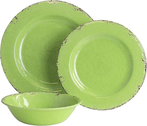 12 Piece Dinnerware Set in Green Textured Casual Round Dishwasher Safe